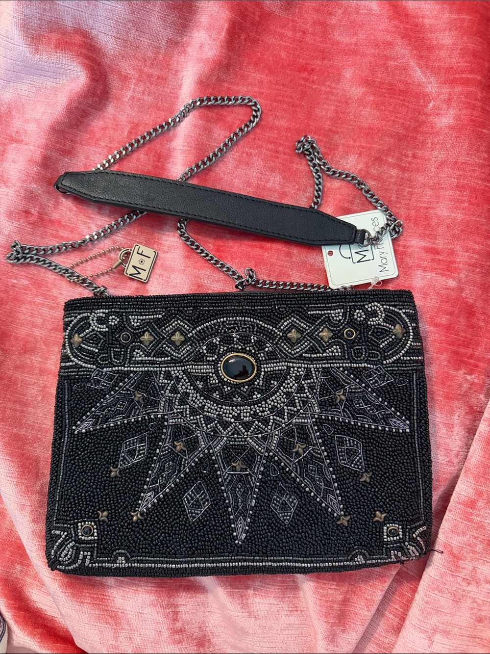 Mary Frances Black Beaded Crossbody with Chain Strap